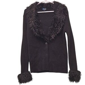 Vintage Coolwear Chocolate Brown Y2k Knit Faux Fur Trim Cardigan Sweater Jacket